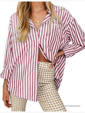 Polyester Rayon Striped Button Down Shirt Long Sleeve V-Neck Casual Top